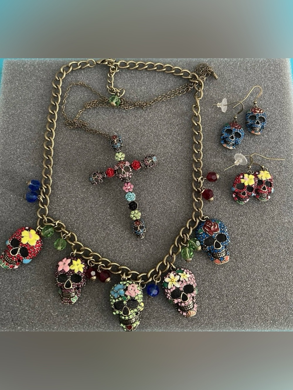 JTV Day of the Dead Multicolor Crystal Skull Theme Pin, Necklace & Earring Lot